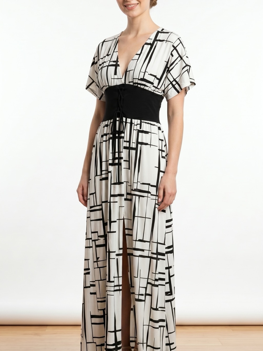Fashion Nova Black & White Geometric Maxi Dress with Corset Waist